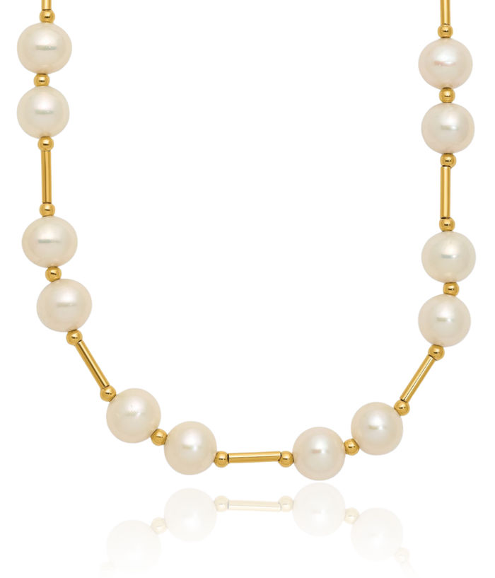 14K Solid Yellow Gold 6mm White Near Round Freshwater Cultured Pearl Beaded Necklace Chain