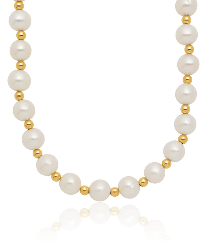 14K Solid Yellow Gold 6mm White Near Round Freshwater Cultured Pearl Beaded Necklace Chain