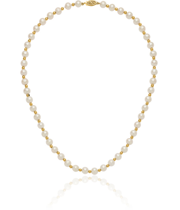 14K Solid Yellow Gold 6mm White Near Round Freshwater Cultured Pearl Beaded Necklace Chain