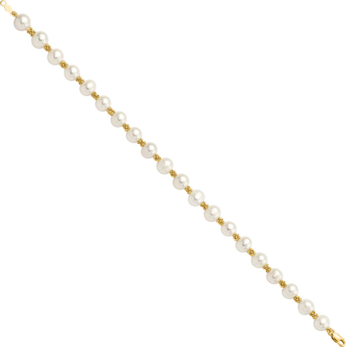 14K Solid Yellow Gold 6mm White Round Freshwater Cultured Pearl Chain Bracelet