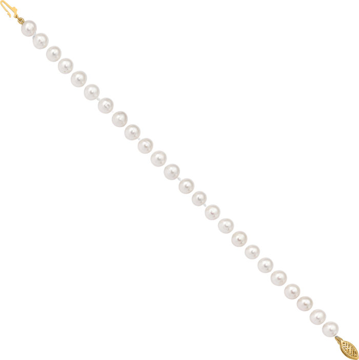 14K Solid Yellow Gold 6mm White Near Round Freshwater Cultured Pearl Chain Bracelet