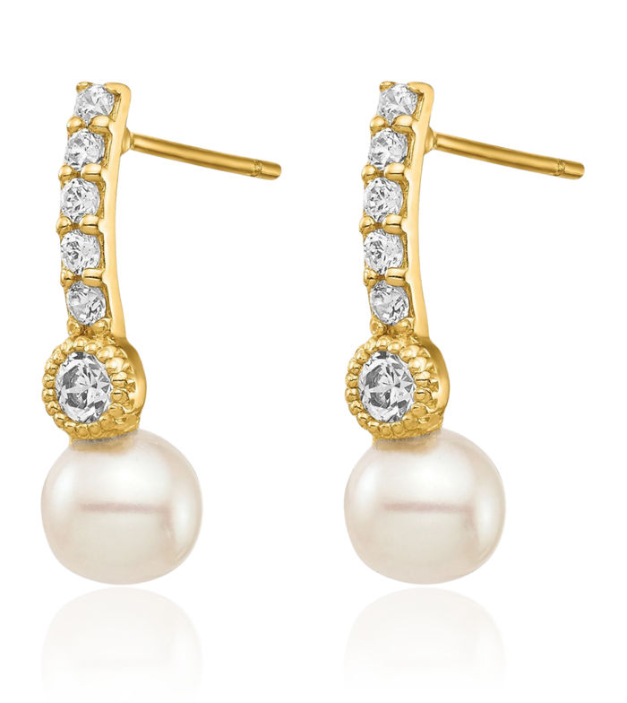 14K Solid Yellow Gold 6mm White Round Freshwater Cultured Pearl Cubic Zirconia CZ Post Drop Dangle Earrings