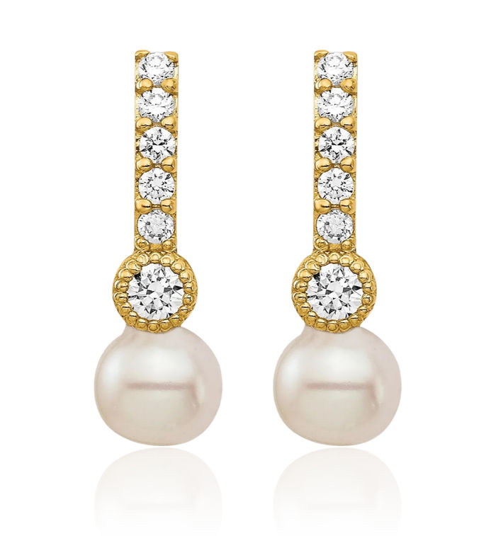 14K Solid Yellow Gold 6mm White Round Freshwater Cultured Pearl Cubic Zirconia CZ Post Drop Dangle Earrings