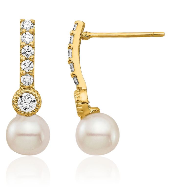 14K Solid Yellow Gold 6mm White Round Freshwater Cultured Pearl Cubic Zirconia CZ Post Drop Dangle Earrings