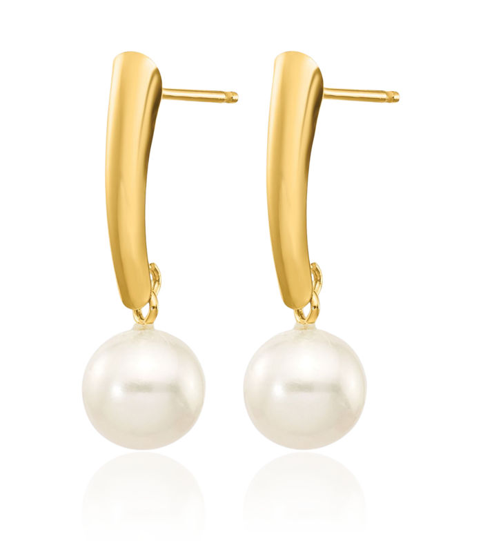 14K Solid Yellow Gold 6mm White Round Freshwater Cultured Pearl Post Drop Dangle Earrings