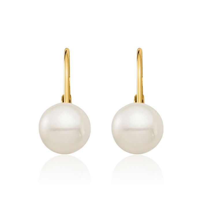 14K Solid Yellow Gold 6mm White Round Freshwater Cultured Pearl Drop Dangle Earrings