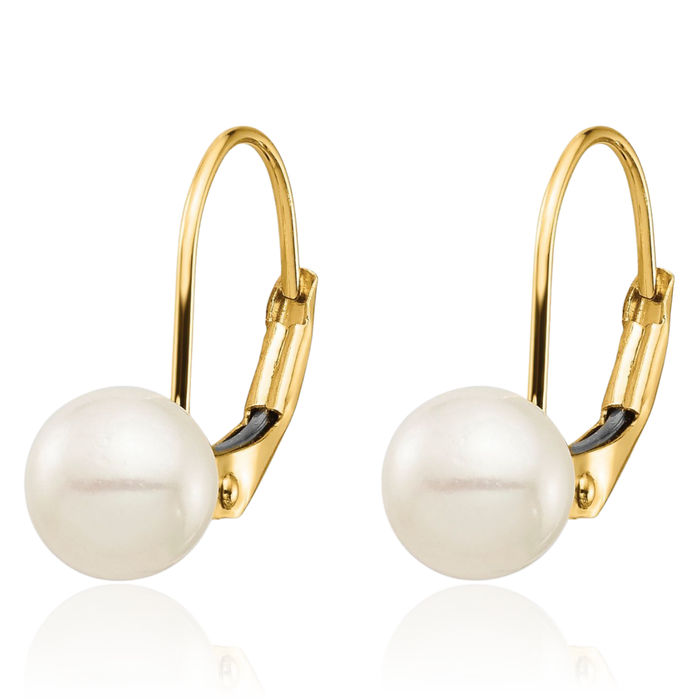 14K Solid Yellow Gold 6mm White Round Freshwater Cultured Pearl Drop Dangle Earrings