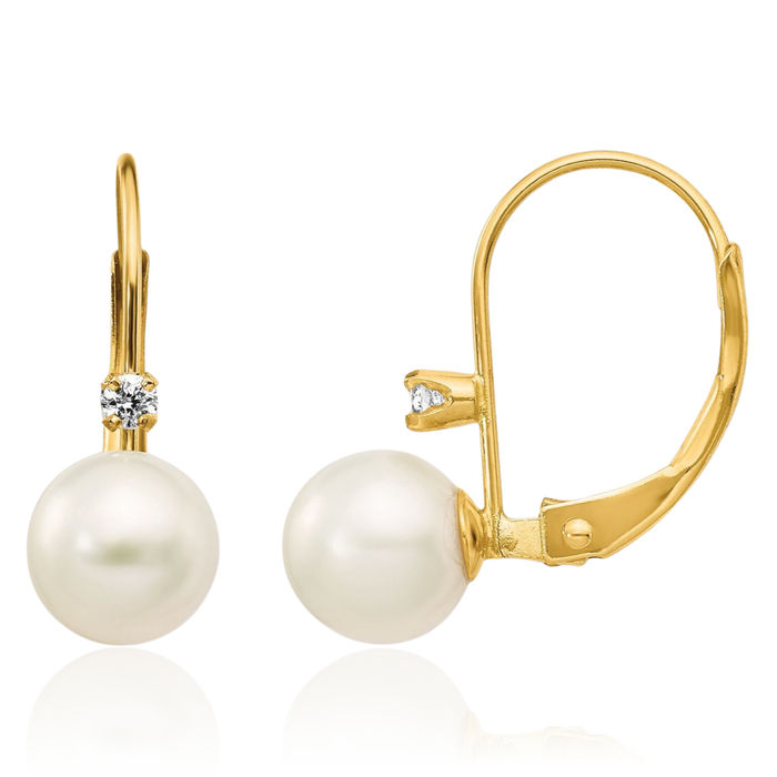 14K Solid Yellow Gold 6mm White Round Freshwater Cultured Pearl Diamond Drop Dangle Earrings