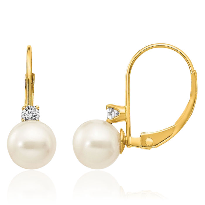 14K Solid Yellow Gold 6mm White Round Freshwater Cultured Pearl Diamond Drop Dangle Earrings