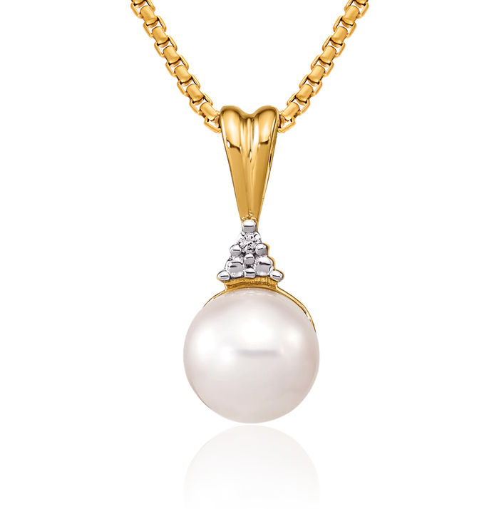 14K Solid Yellow Gold 6mm White Round Freshwater Cultured Pearl Diamond Necklace Chain Pendant Charm