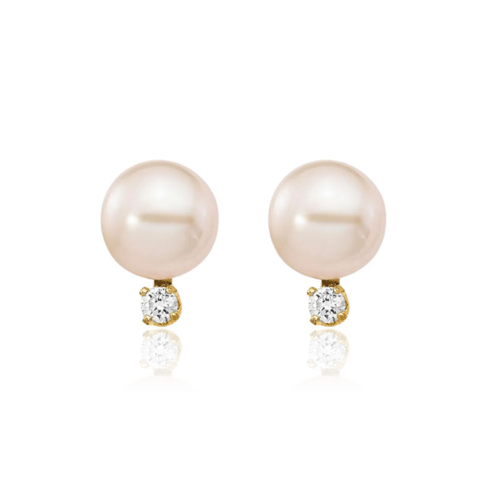 14K Solid Yellow Gold 6mm White Round Freshwater Cultured Pearl Diamond Stud Earrings