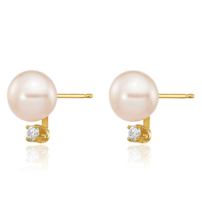 14K Solid Yellow Gold 6mm White Round Freshwater Cultured Pearl Diamond Stud Earrings