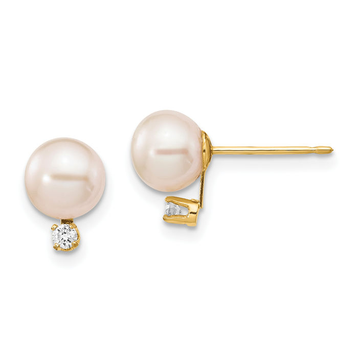 14K Solid Yellow Gold 6mm White Round Freshwater Cultured Pearl Diamond Stud Earrings