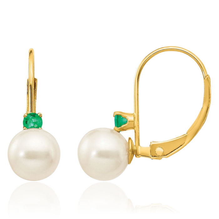 14K Solid Yellow Gold 6mm White Round Freshwater Cultured Pearl Green Emerald Drop Dangle Earrings May Birthstone Jewelry