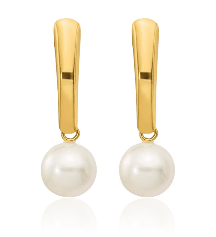 14K Solid Yellow Gold 6mm White Round Freshwater Cultured Pearl Post Drop Dangle Earrings