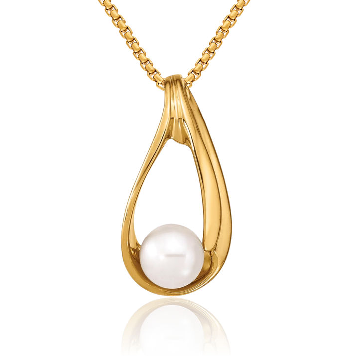 14K Solid Yellow Gold 6mm White Round Freshwater Cultured Pearl Slide Necklace Chain Pendant Charm