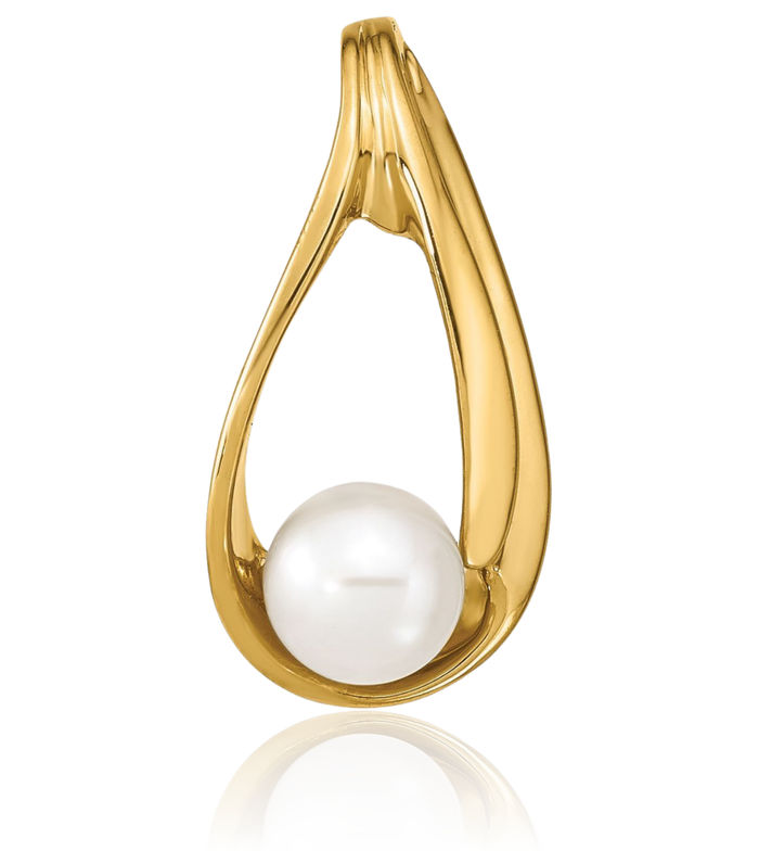 14K Solid Yellow Gold 6mm White Round Freshwater Cultured Pearl Slide Necklace Chain Pendant Charm