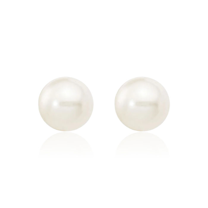 14K Solid Yellow Gold 6mm White Round Freshwater Cultured Pearl Stud Earrings