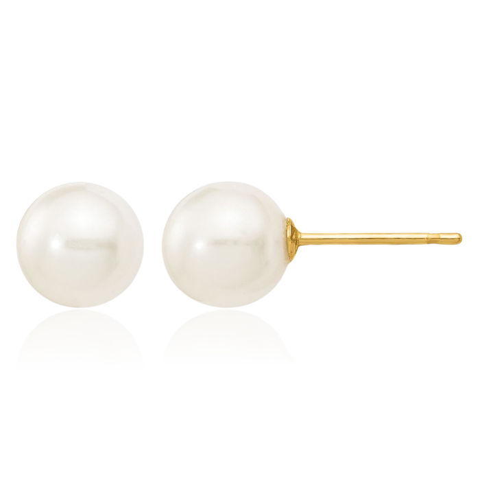 14K Solid Yellow Gold 6mm White Round Freshwater Cultured Pearl Stud Earrings