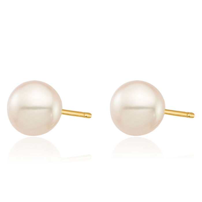 14K Solid Yellow Gold 6mm White Round Freshwater Cultured Pearl Stud Earrings Silicone Backs