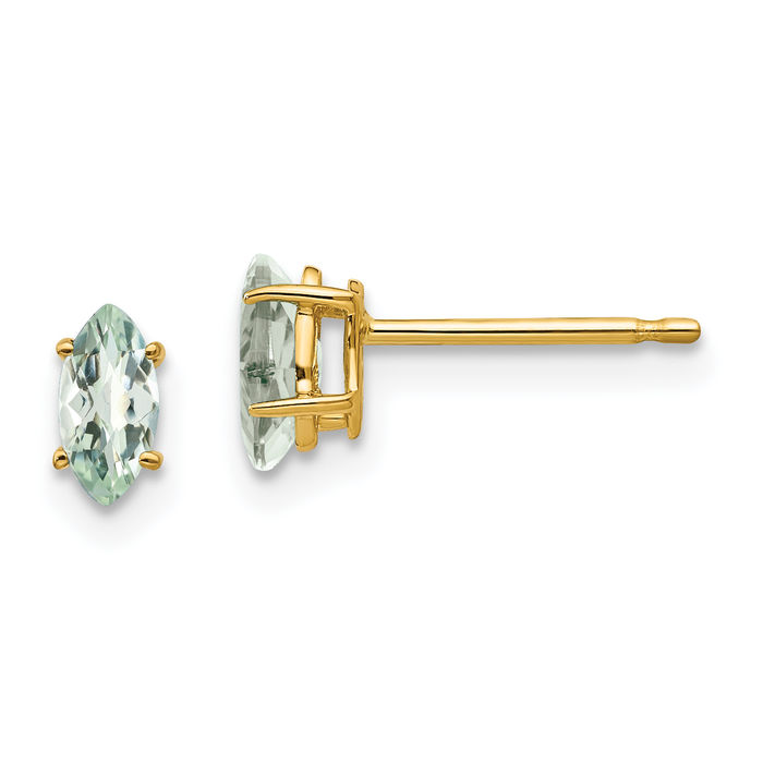 14K Solid Yellow Gold 6x3 Marquise Checker Cut Green Quartz Studs Gemstone Earrings August Birthstone Jewelry