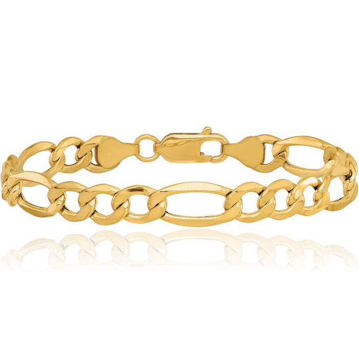 14K Solid Yellow Gold 7.3mm Figaro Link Chain Bracelet