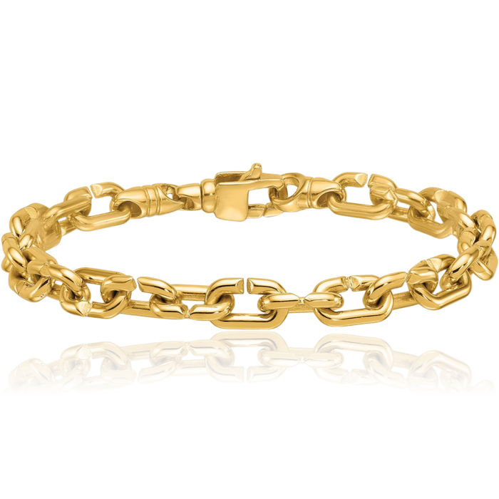 14K Solid Yellow Gold 7.4mm Notched Cable Rolo Link Chain Bracelet