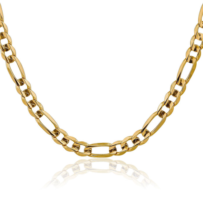 14K Solid Yellow Gold 7.5mm Concave Figaro Link Chain Necklace