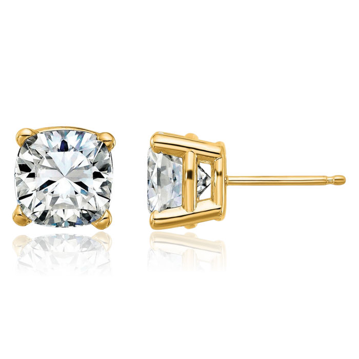 14K Solid Yellow Gold 7.5mm Cushion-Cut Solitaire Moissanite Stud Earrings