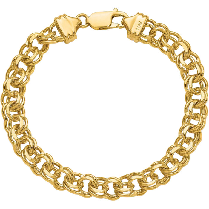 14K Solid Yellow Gold 7.5mm Double Link Chain Charm Bracelet