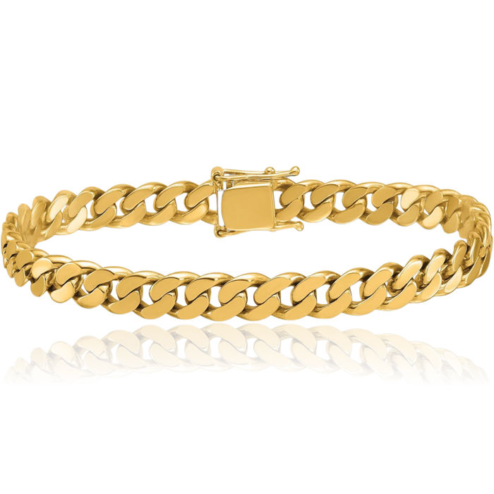 14K Solid Yellow Gold 7.7mm Curb Link Chain Bracelet