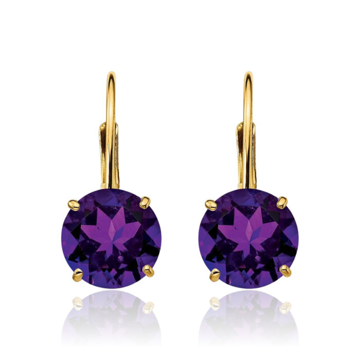 14K Solid Yellow Gold 7mm Purple Amethyst Drop Dangle Earrings Gemstone February Birthstone Jewelry