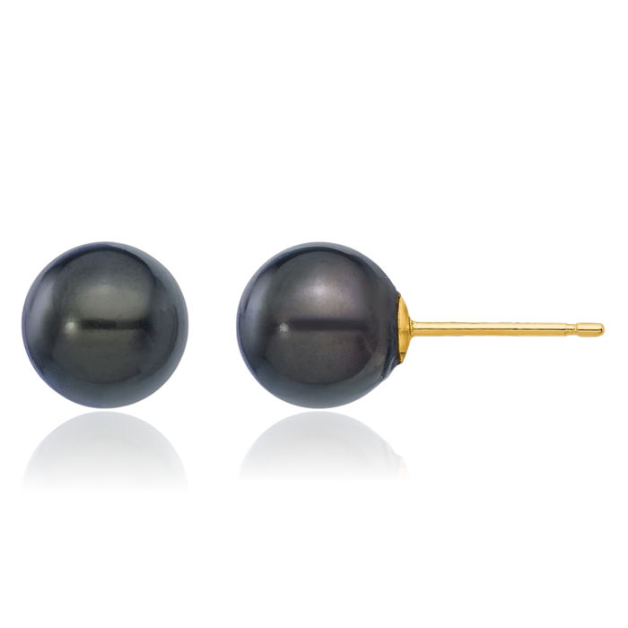 14K Solid Yellow Gold 7mm Black Round Akoya Saltwater Cultured Pearl Stud Earrings