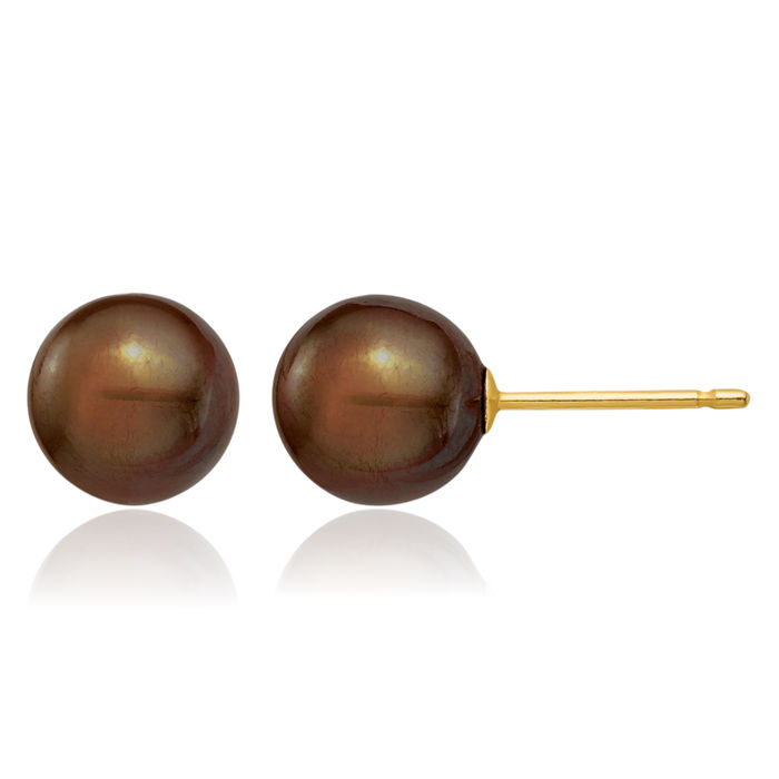 14K Solid Yellow Gold 7mm Brown Round Freshwater Cultured Pearl Stud Earrings