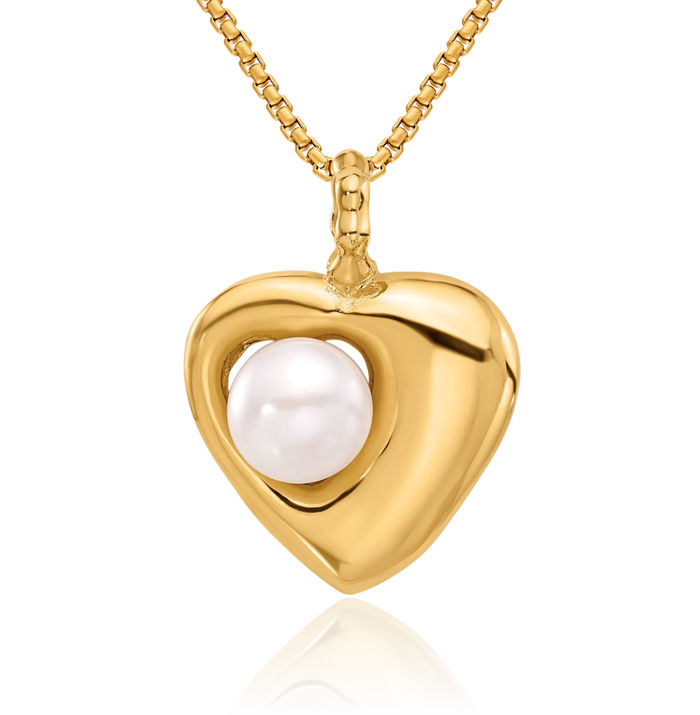 14K Solid Yellow Gold 7mm Button White Freshwater Cultured Pearl Heart Necklace Love Pendant Charm