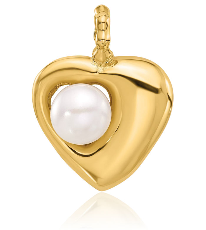 14K Solid Yellow Gold 7mm Button White Freshwater Cultured Pearl Heart Necklace Love Pendant Charm