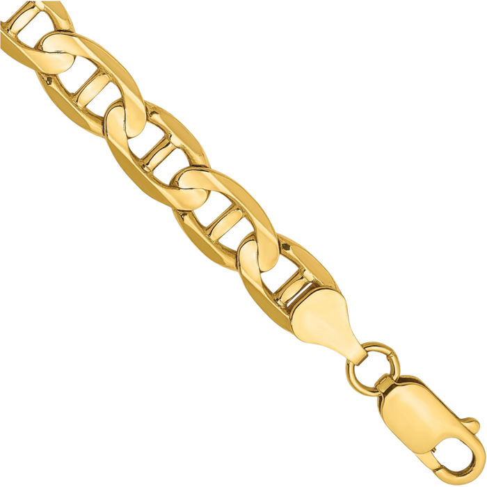 14K Solid Yellow Gold 7mm Concave Anchor Mariner Link Chain Bracelet