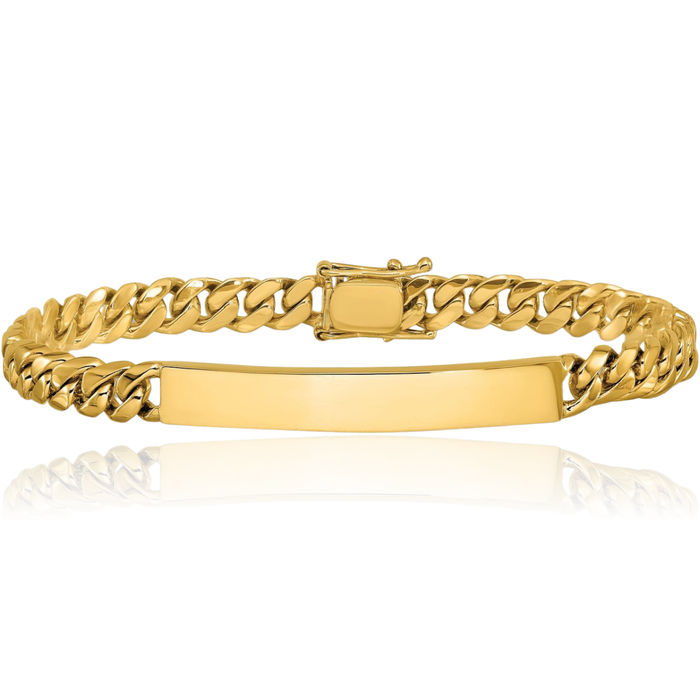 14K Solid Yellow Gold 7mm Curb Link Name Bar Identification ID Bracelet