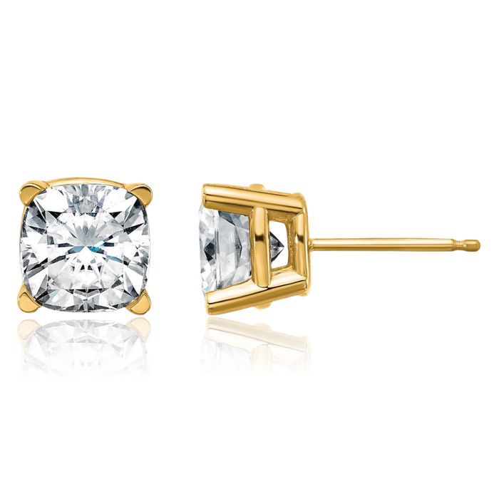 14K Solid Yellow Gold 7mm Cushion-Cut Solitaire Moissanite Stud Earrings