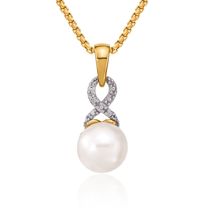 14K Solid Yellow Gold 7mm Freshwater Cultured Pearl Diamond Necklace Chain Pendant Charm