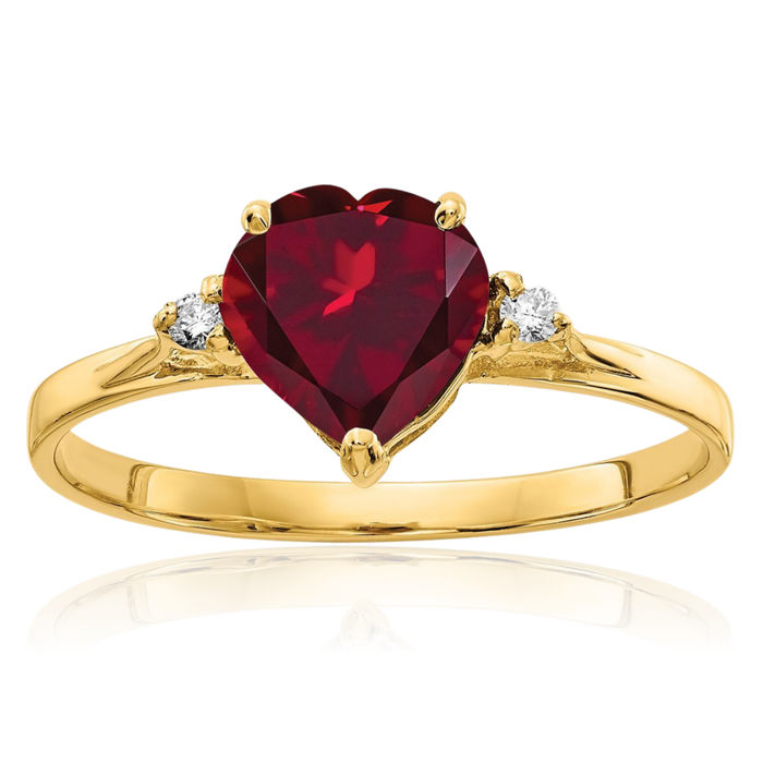 14K Solid Yellow Gold 7mm Heart Lab Red Ruby Diamond Ring July Birthstone Jewelry