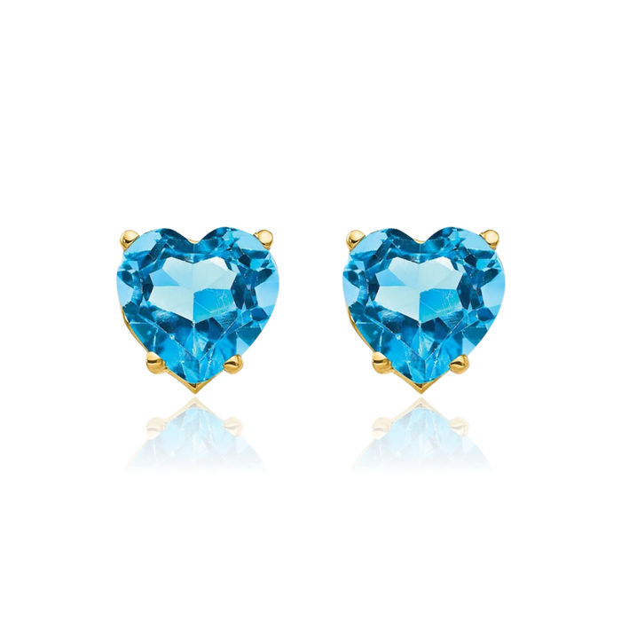 14K Solid Yellow Gold 7mm Heart Swiss Blue Topaz Studs Gemstone Earrings December Birthstone Jewelry