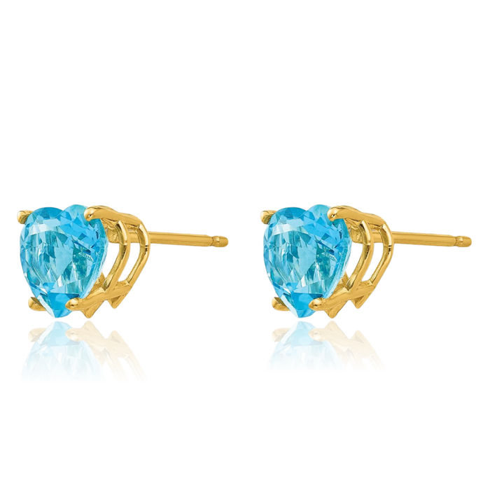 14K Solid Yellow Gold 7mm Heart Swiss Blue Topaz Studs Gemstone Earrings December Birthstone Jewelry