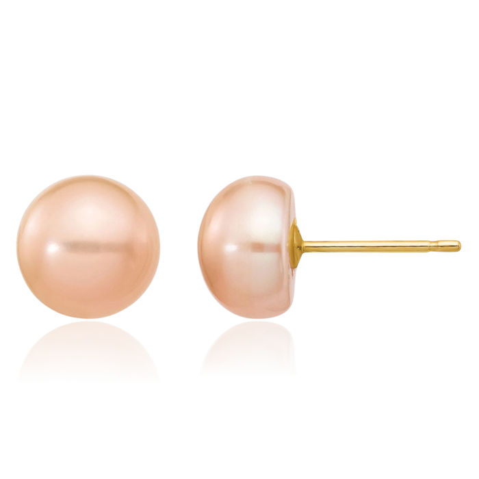 14K Solid Yellow Gold 7mm Pink Button Freshwater Cultured Pearl Stud Earrings