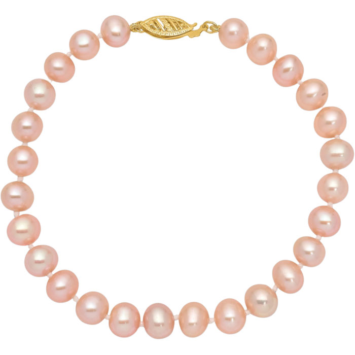 14K Solid Yellow Gold 7mm Pink Near Round Freshwater Cultured Pearl Chain Bracelet