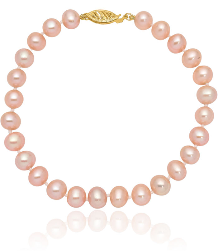 14K Solid Yellow Gold 7mm Pink Near Round Freshwater Cultured Pearl Chain Bracelet