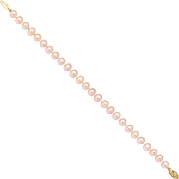 14K Solid Yellow Gold 7mm Pink Near Round Freshwater Cultured Pearl Chain Bracelet