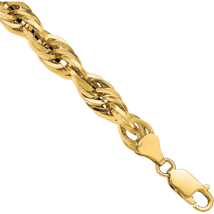 14K Solid Yellow Gold 7mm Rope Chain Bracelet