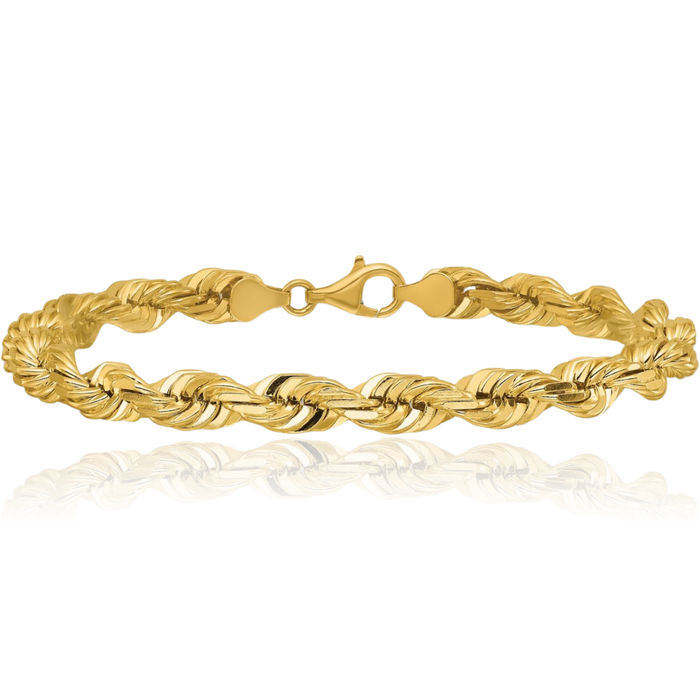 14K Solid Yellow Gold 7mm Rope Chain Bracelet