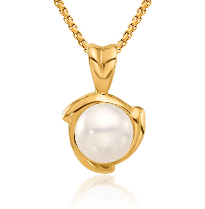 14K Solid Yellow Gold 7mm Round White Freshwater Cultured Pearl Necklace Chain Pendant Charm